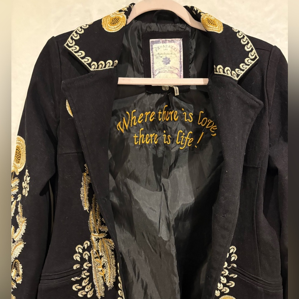 PAPARAZZI BY BIZ Jacket Black Twill  Floral Embroidered Boho Coat M W/Pockets - Picture 6 of 8